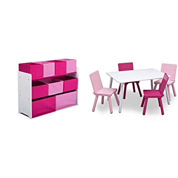 Delta Children Deluxe Multi-Bin Toy Organizer & Kids Table and Chair Set, White/Pink