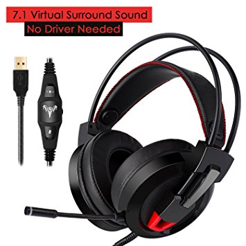 Gaming Headset, ieGeek 7.1 Channel PC Computer Gaming Headphones with Mic Virtual Surround Sound USB Wired Over Ear Headphones Stereo Noise Canceling Earphones with Volume Control/Bass Boost/LED Light