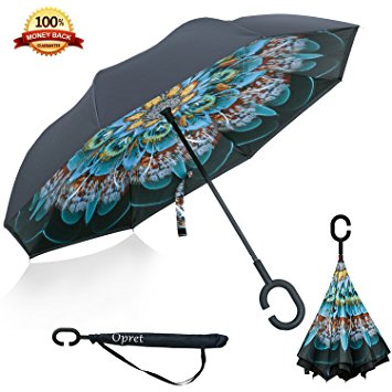 Inverted Umbrella, Opret Windproof Reverse Folding Double Layer C Umbrella Self-Standing Inside Out Umbrella Hands Free For Women and Men