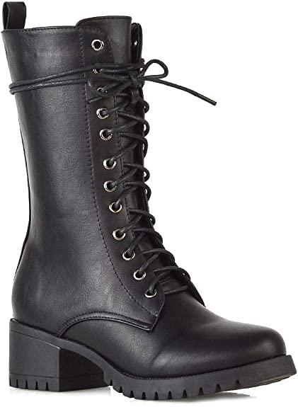 ESSEX GLAM Womens Lace Up Boots Military Chunky Sole Zip Combat Booties