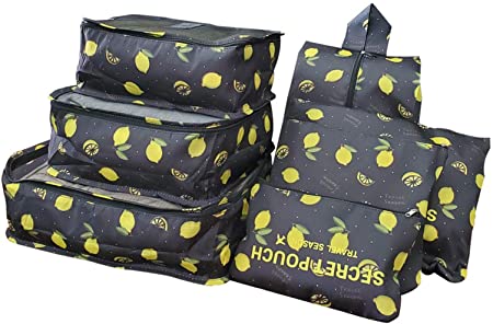 7Pcs Waterproof Travel Storage Bags Clothes Packing Cube Luggage Organizer Pouch(Black lemon)