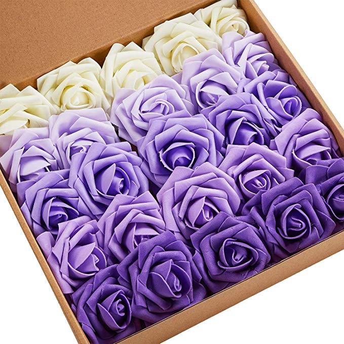 N&T NIETING Artificial Flowers Roses, 25pcs Real Touch Artificial Foam Roses Decoration DIY for Wedding Bridesmaid Bridal Bouquets Centerpieces, Party Decoration, Home Display (SeriesC Purple)