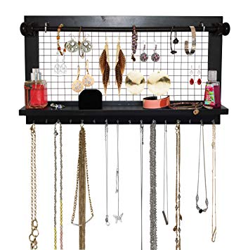 SoCal Buttercup Espresso Jewelry Organizer with Removable Bracelet Rod from Wooden Wall Mounted Holder for Earrings Necklaces Bracelets and Other Accessories