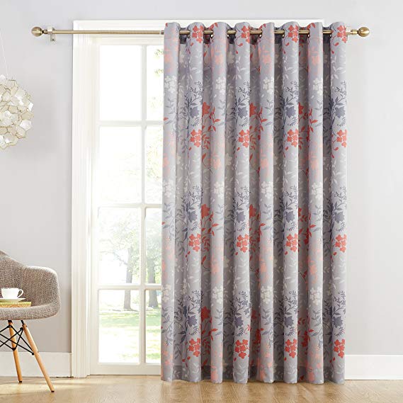 Sun Zero Kara Floral Print Energy Efficient Grommet Patio Door Curtain Panel, 100" x 84", Gray