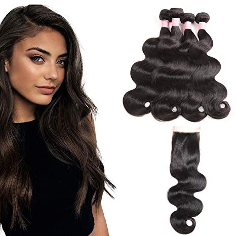 Brazilian Virgin Hair Body Wave With Closure 4Bundles 8A Unprocessed Hair With Closure Human Hair Bundles With 4x4 Free Part Lace Closure Natural Color (14 16 18 20  14” Free Part Closure)