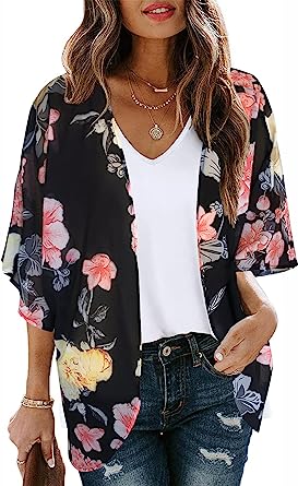 Women's Floral Print Puff Sleeve Kimono Cardigan Loose Cover Up Casual Blouse Tops