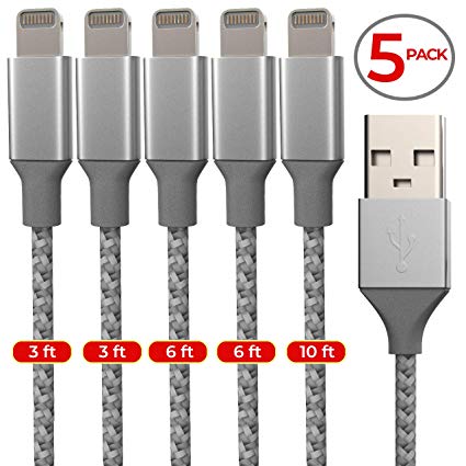 Telustyle Lightning Cable, Charging Cable 5 Pack Durable Nylon Braided Fast Charging Cord Charger Compatible with iPhone Xs/XS Max/XR/X/8/7/6/5 iPad Mini/Pro/Air iPod-Silver Grey