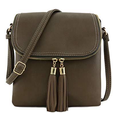 Flap Top Double Compartment Crossbody Bag with Tassel Accent