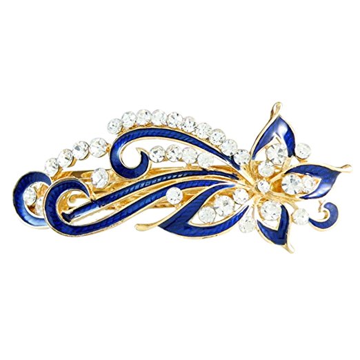 Hair Clip - TOOGOO(R) Dark Blue Rhinestones Inlaid Swirl Floral Barrette French Hair Clip