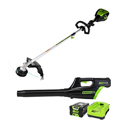 Greenworks Pro 80V Cordless Brushless 16” String Trimmer   Axial Blower Combo Kit, Battery and Rapid Charger Included