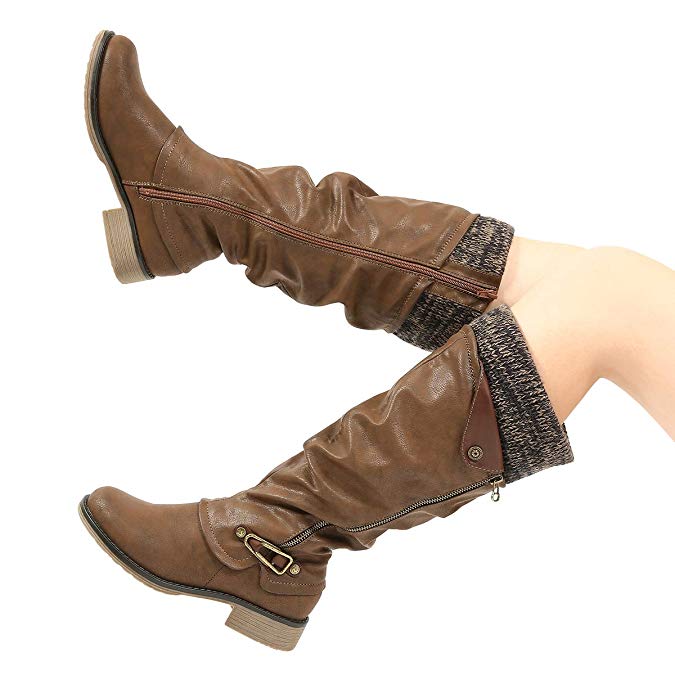 gracosy Leather Knee Boots, Women's Knee High Boot Flat Heel Zipper Buckle Riding Boots