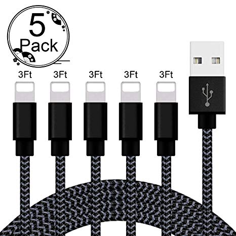 iPhone Fast Charger, MFi Certified Lightning Cable 5 Pack [3 FT] Extra Long Nylon Braided USB Charging & Syncing Cord Compatible with iPhone Xs/Max/XR/X/8/8Plus/7/7 Plus/6S/6S Plus/iPad(Black&Gray)