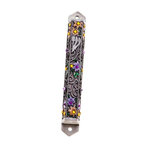 Pewter Mezuzah with Traditional Shin, Black Background and Flowers