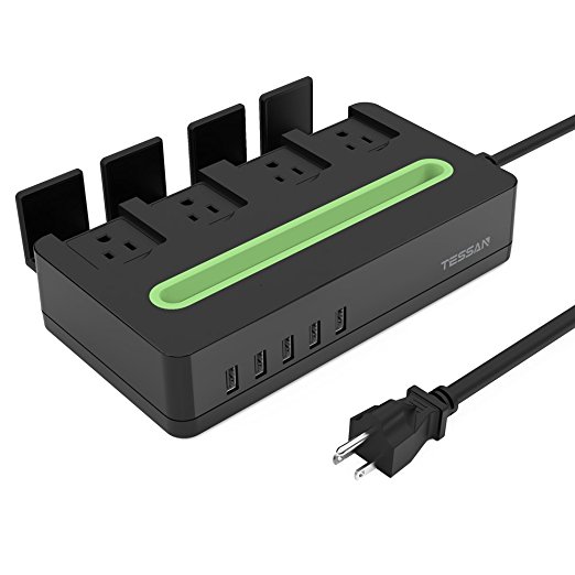 TESSAN 4 Outlet Surge Protector(1700J) Protective Cover Power Strip with 5 USB Charging Ports(40W) Bulit in 5 Feet Cord Charge Station (BLACK)