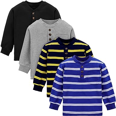 Cooraby 4 Packs Toddler Long Sleeve Shirt Boy Striped Tee Shirt with Pocket Soft Cotton T-Shirt