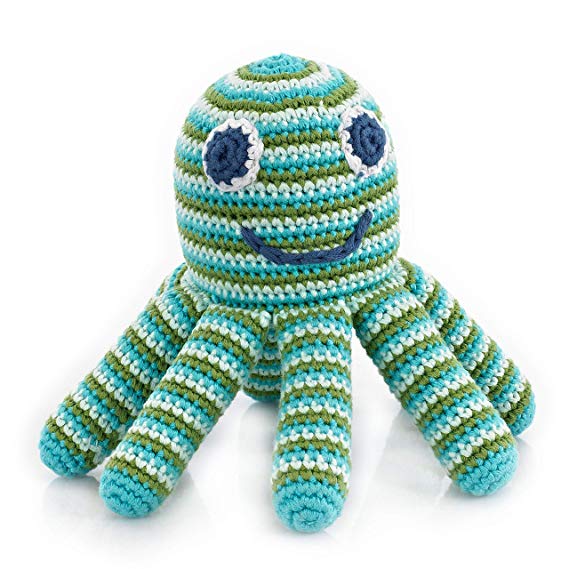 Pebble | Handmade Octopus Baby Rattle—Green Striped | Ocean | Beach | Coastal | Crochet Baby Toy | Fair Trade | Machine Washable