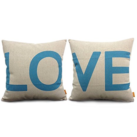 18 X 18" Decorative Cotton Linen Throw Pillow Cover Cushion Case Couple Pillow Case, Set of 2 - Love (Blue)