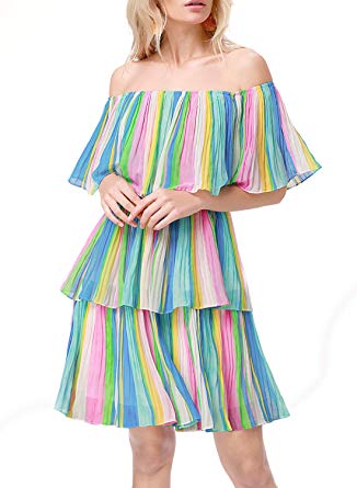 Women's Off The Shoulder Mini Layered Ruffles Summer Loose Casual Chiffon Party Beach Dress（Real Shooting）