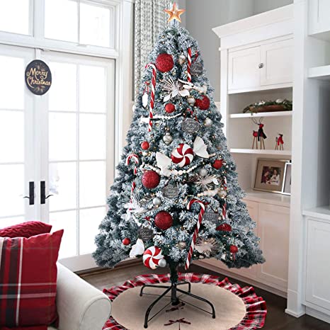 KINGSO 6ft Artificial Christmas Tree Snow Flocked Full Christmas Trees Premium Spruce Hinged Xmas Pine Tree for Home Party Office Holiday Decoration with Metal Foldable Stand, 1300 Branch Tips