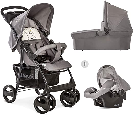 Hauck Shopper SLX Trio Set Pushchair up to 25 kg   Group 0 Car Seat   Carrycot, Mattress from Birth, Buggy with Lying Function, Cup Holder, Large Basket, Small Folding - Pooh Cuddles Grey Beige