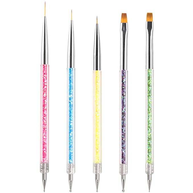 Nail Art Brushes, 5 Pcs Double Ended Nail Liner Brush Dotting Pen Nail Art Point Drill Drawing Tools