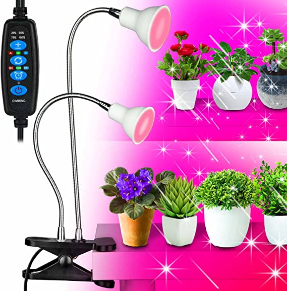 DOMMIA Grow Lights for Indoor Plants,4 Dimmable Levels Full Spectrum Gooseneck Dual Head Clip-on LED Plant Grow Light with Auto On & Off Timer,Sunlike Plant Growing Lamp for Seedlings, Veg, Bloom