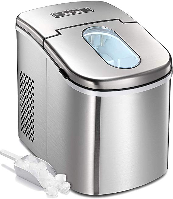 Countertop Ice Maker Machine,Portable Automatic Ice Maker,Ice Cubes Ready in 6 Mins,/1.5lbs Ice Storage,26lbs/24h,Ice Scoop and Basket,See-through Lid,LCD Display (Stainless Steel-2)