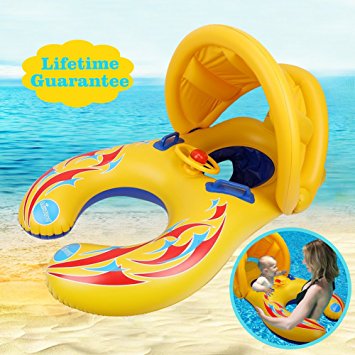 Mommy and Me Baby Pool Float with Canopy, Sturdy PVC Inflatable Baby Swim Floats for Pool with Shade for 1-3Y Baby/ Kids