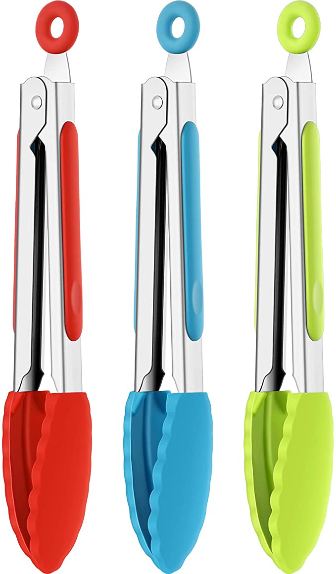 7 Inch Silicone Tongs Mini Kitchen Tongs with Silicone Tips Small Serving Tongs Stainless Steel Cooking Tongs for Salad, Grilling, Frying and Cooking (Red, Green, Blue,3 Pieces)