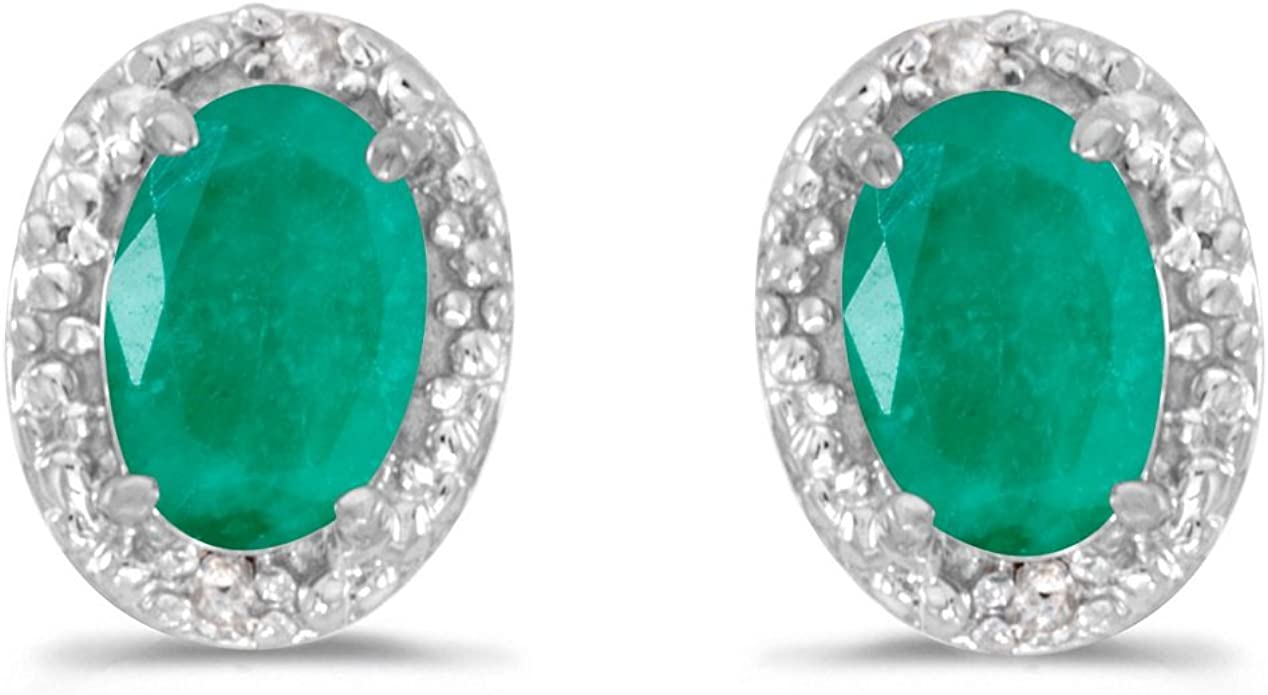 Oval Emerald and Diamond Stud Earrings in 14K Gold