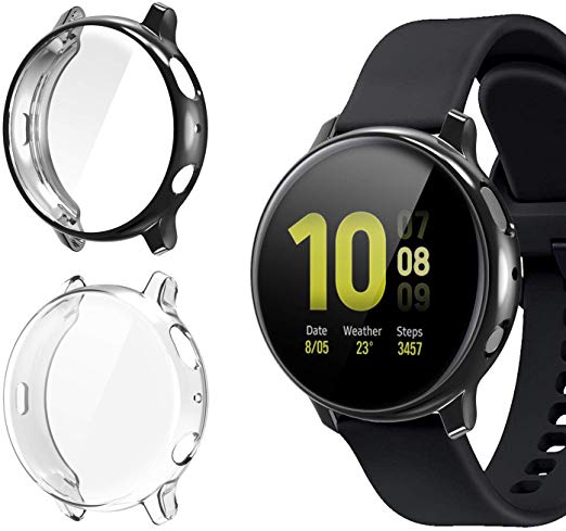 [2 Pack] Case for Samsung Galaxy Watch Active 2 44mm, All-Around TPU Anti-Scratch Flexible Screen Protector Case Soft Protective Bumper Cover for Samsung Galaxy Watch Active 2 Clear and Black(44mm)