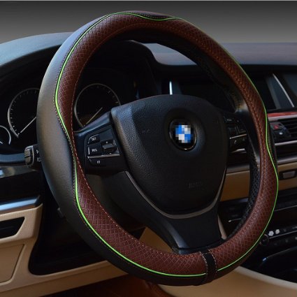 Gomass Automotive Top Leather Steering Wheel Covers Universal 15 inch (Black Dark Coffee)