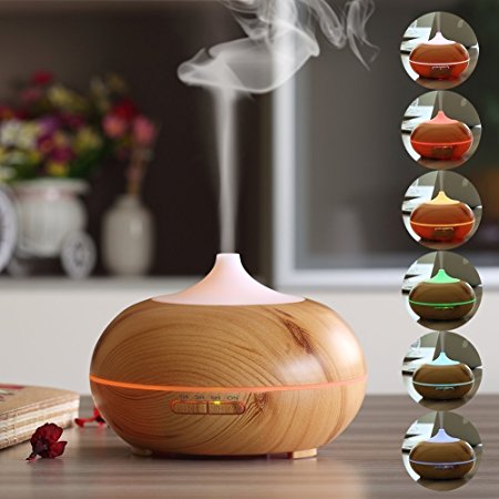 Kekilo Wood-Grain 300ml Ultrasonic Aroma Diffuser for Essential Oils, Cool Mist Air Humidifier with 7 Color LED Lights Changing for House Office Yoga Spa Baby Bedroom Living Room GX-12K (Light Wood)