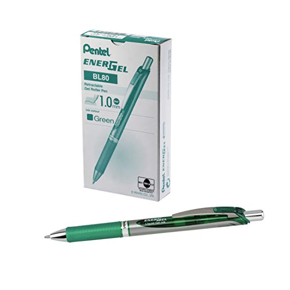 Pentel EnerGel RTX Retractable Liquid Gel Pen, Bold Line, Metal Tip, Green Ink, Box of 12 (BL80-D)