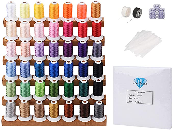 Simthread Machine Embroidery Thread and Tear Away Stabilizer Backing Gift Box - 40 Brother Colors Plus 2 Spools 40WT 500M (550Y) - Stabilizer Weight 1.8OZ 8"x8" 100pcs / Pack for Embroidery Machine