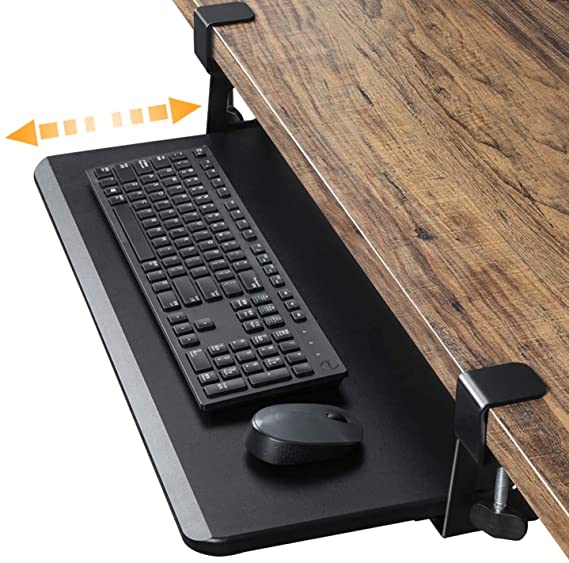 HUANUO Keyboard and Mouse Tray, 2020 Upgraded Ergonomic Clamp On Under Desk Mount Slide Tray, Super Large Desktop Extender Workstation Platform, Increase Comfort and Desk Space( 26.4" W x 11.8"D )