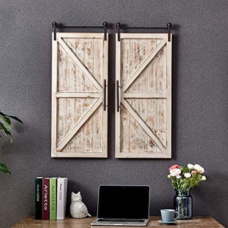 FirsTime & Co. Carriage House Barn Door Wall Plaque Set, 34"L x 14"W, Aged White, Metallic Gray