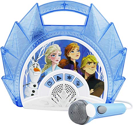 Frozen 2 Sing Along Boombox with Microphone, Built in Music, Flashing Lights, Real Working Mic for Kids Karaoke Machine, Connects Mp3 Player Aux in Audio Device