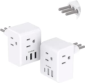 2 Pack Italy Travel Plug Adapter, Type L Italy Power Adapter with 3 American Outlets 3 USB Ports(1USB C), 6 in 1 Travel Outlet Adaptor, 3 Prong Grounded Plug for USA to Italy Chile Uruguay Italian