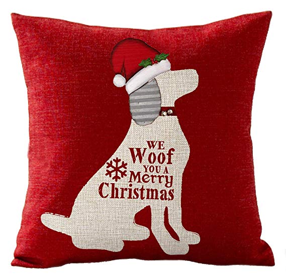 We Woof You A Merry Christmas Best Pet Dog Christmas Hat Cotton Linen Throw Pillow Covers Cushion Cover Decorative Sofa Bedroom Living Room Square 18 Inches (19)