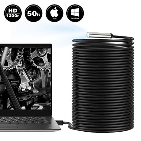 Seesi USB Endoscope Borescope Inspection Scope 50FT 0.33 inch 15M HD 2MP 1200P Endoscopic Waterproof Snake Camera with 6pcs Density Adjustable Dimmable LEDs for Automative Sewer Pipe Vent Inspections