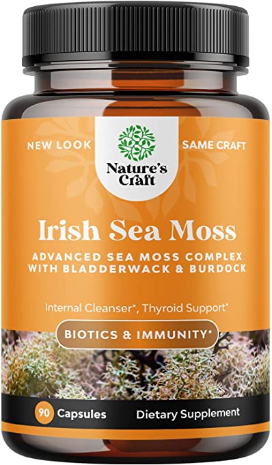 Organic Irish Sea Moss Capsules - Sea Moss and Bladderwrack Capsules with Burdock Root Superfood Blend for Immune Support Heart Health Fertility Joint Health and Thyroid Support for Women and Men