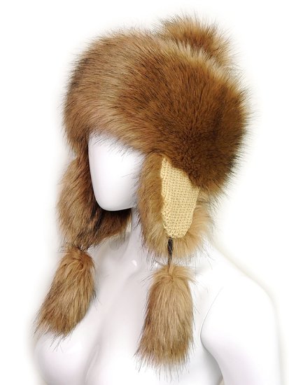 Futrzane Faux Fox Fur Winter Trapper Pompom Ears Hat Women Trapper Russian Cossack