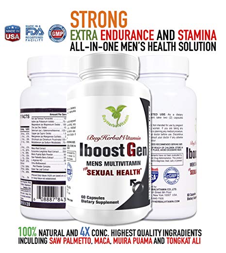IboostGen, All-In-One Mens Multivitamin for Sexual Health (60 capsules with 4X Maca root extract, 4X Tongkat Ali extract, 4X Muira puama, L-Arginine and essential vitamin)