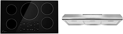 Empava 36 Inch Electric Stove Induction Cooktop, Black 240V & COSMO COS-5MU36 Under Cabinet Range Hood Ductless Convertible Duct, Slim Kitchen Stove Vent with, Stainless Steel (36 inch)