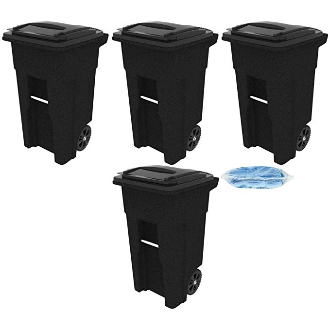 Toter 025532-R1209 Residential Heavy Duty Two Wheeled Trash Can with Attached Lid, 32-Gallon, Blackstone - 4 Cart