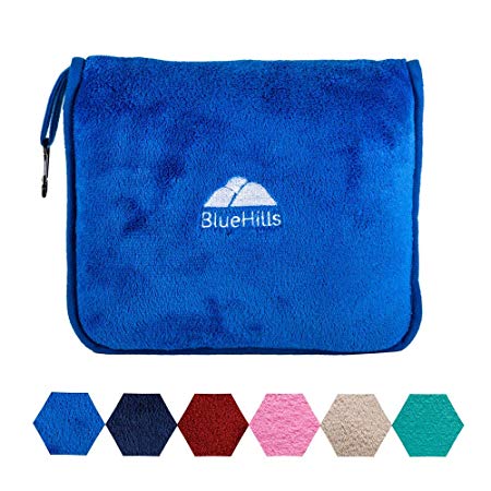 BlueHills Premium Soft Travel Blanket Pillow Airplane Blanket Packed in Soft Bag Pillowcase with Hand Luggage Belt and Backpack Clip, Compact Pack Large Blanket for Any Travel (Royal Blue T003)