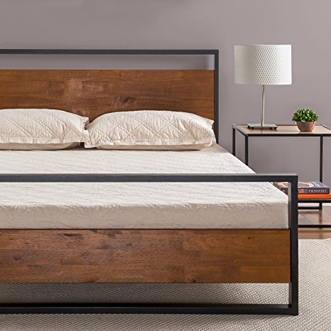 Zinus Ironline Metal and Wood Platform Bed with Headboard and Footboard / Box Spring Optional / Wood Slat Support, King