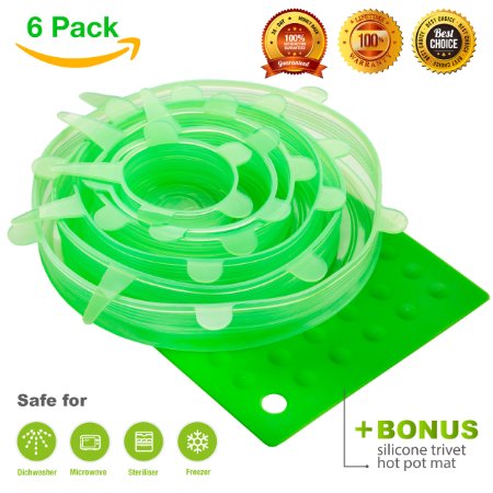 Staffage Silicone Lids Set - BPA-free Stretch Covers for Bowls, Cups, Pots, Mugs - Includes Trivet Mat - Premium Quality FDA Food Grade Silicone - Must-Have Kitchen Gadgets - Multisize, Green - 7 Pack