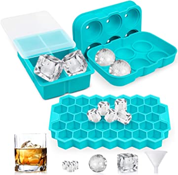 Newdora Ice Cube Trays (Set of 3), Easy-Release Silicone and Flexible Ice Trays with Spill-Resistant Removable Lid, Ice Cube Molds for Whiskey, Cocktail, Water, Reusable and Dishwasher Safe